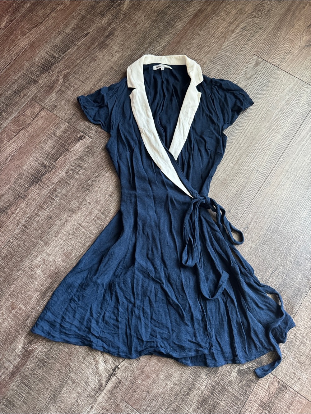 Reformation Navy Wrap Dress with Cream Collar